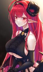 Rule 34 | 1girl, ahoge, azur lane, bare shoulders, black gloves, black headband, black horns, black pantyhose, black skirt, breasts, center frills, cleavage, clothing cutout, covered navel, cowboy shot, curled horns, demon girl, demon wings, elbow gloves, frilled gloves, frills, gloves, hair intakes, headband, heart, highres, hindenburg (azur lane), horns, large breasts, long hair, looking at viewer, pantyhose, parted lips, pleated skirt, pointy ears, red eyes, red hair, sideboob, simple background, skirt, solo, thigh strap, thighs, underboob, underboob cutout, very long hair, waa! okami, white background, wings