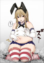 Rule 34 | 1girl, animal ears, bare shoulders, belly grab, blonde hair, blue sailor collar, blue skirt, blush, breasts, buttons, collarbone, elbow gloves, fake animal ears, fat, full body, gloves, gradient background, grey background, hair between eyes, highres, kantai collection, looking down, medium hair, miniskirt, navel, no shoes, pleated skirt, red thighhighs, sailor collar, sailor shirt, shimakaze (kancolle), shirt, simple background, skirt, small breasts, solo, speech bubble, striped clothes, striped thighhighs, sweatdrop, thighhighs, torn clothes, torn thighhighs, uru (uru0000), white background, white gloves, white thighhighs