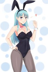 Rule 34 | 1girl, absurdres, angel pena (angelox), animal ears, aqua hair, bare arms, bare shoulders, black leotard, blue eyes, blush, bow, bowtie, breasts, brown pantyhose, bulma, cleavage, closed mouth, commentary, covered navel, detached collar, dragon ball, dragon ball (classic), fake animal ears, gluteal fold, hand on own hip, hand up, heart, highres, large breasts, leotard, long hair, looking at viewer, neck, pantyhose, playboy bunny, polka dot, polka dot background, rabbit ears, rabbit girl, red bow, red bowtie, sidelocks, smile, solo, standing, straight hair, strapless, strapless leotard, wrist cuffs
