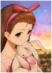 Rule 34 | 1girl, border, brown hair, city, city lights, cityscape, closed mouth, cloud, cloudy sky, collarbone, dress, hair ribbon, hairband, hands up, highres, hitoto, holding, holding stuffed toy, idolmaster, idolmaster (classic), long hair, minase iori, pink hairband, pink ribbon, ribbon, scenery, short sleeves, sky, solo, star (sky), starry sky, stuffed animal, stuffed rabbit, stuffed toy, upper body, white border