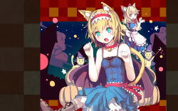 Rule 34 | 1girl, :o, adapted costume, alice margatroid, animal ears, apron, aqua eyes, bare arms, bare shoulders, bell, blue dress, blue eyes, blush, boots, bow, capelet, cat, cat ears, cat tail, cloud, cloudy sky, collar, cross-laced footwear, culter, dress, hair bow, hairband, halloween costume, hat, highres, kemonomimi mode, looking at viewer, neck bell, night, open mouth, paw pose, puffy sleeves, pumpkin, sash, shanghai doll, short sleeves, sitting, sky, sleeveless, sleeveless dress, star (symbol), tail, touhou, waist apron, witch hat