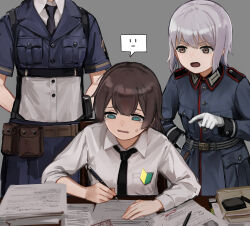 Rule 34 | 3girls, arms behind back, belt, belt pouch, black necktie, blue skirt, breast pocket, brown eyes, brown hair, buttons, chair, collared shirt, commander (girls&#039; frontline), desk, dress shirt, epaulettes, female commander (girls&#039; frontline), fg42 (girls&#039; frontline), folder, girls&#039; frontline, gloves, green eyes, grey background, hand on own hip, head out of frame, highres, load bearing equipment, long hair, long sleeves, military uniform, multiple girls, necktie, on chair, p08 (girls&#039; frontline), paper, pen, pocket, pointing, pouch, rampart1028, shirt, short sleeves, sitting, skirt, standing, sweatdrop, tearing up, tunic, uniform, white gloves, white shirt, working