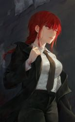 Rule 34 | 1girl, black coat, black pants, blood, blunt bangs, braid, chainsaw man, coat, dark background, highres, looking to the side, makima (chainsaw man), open clothes, open coat, outdoors, pants, parted lips, red hair, road, shirt, sidelocks, solo, street, tanna, white shirt, yellow eyes