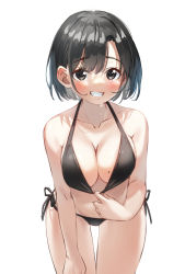 Rule 34 | 1girl, absurdres, bare arms, bare shoulders, bikini, bikini pull, black bikini, black eyes, black hair, breasts, cleavage, clothes pull, collarbone, cowboy shot, grin, halterneck, hand on own thigh, highres, kimyo, large breasts, leaning forward, looking at viewer, mole, mole on breast, navel, original, short hair, side-tie bikini bottom, simple background, smile, solo, standing, string bikini, swimsuit, thighs, white background