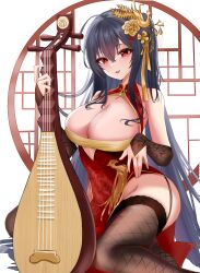 Rule 34 | 1girl, absurdres, ahoge, azur lane, black hair, breasts, bridal gauntlets, china dress, chinese clothes, cleavage, cleavage cutout, clothing cutout, crossed bangs, dress, hair ornament, highres, large breasts, long hair, no panties, official alternate costume, pipa (instrument), red dress, red eyes, side ponytail, taihou (azur lane), taihou (phoenix&#039;s spring song) (azur lane), user hxhk7342