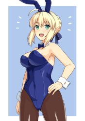 Rule 34 | 1girl, :d, animal ears, artoria pendragon (all), artoria pendragon (fate), blue background, blue bow, blue bowtie, blue hairband, blue leotard, blue ribbon, border, bow, bowtie, breasts, brown pantyhose, collarbone, commentary request, covered navel, cowboy shot, detached collar, fake animal ears, fate/grand order, fate (series), hair ribbon, hairband, hand on own hip, haruhisky, highres, large breasts, leotard, notice lines, open mouth, pantyhose, playboy bunny, rabbit ears, ribbon, saber (fate), simple background, smile, solo, standing, teeth, tongue, upper teeth only, white border, white wrist cuffs, wrist cuffs