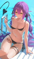 Rule 34 | 1girl, absurdres, adjusting clothes, adjusting swimsuit, bikini, black bikini, black tail, blush, body markings, breasts, closed mouth, demon tail, feet out of frame, green eyes, hair ornament, highres, hololive, long hair, looking down, nagiushi, navel, poolside, purple hair, side-tie bikini bottom, small breasts, solo, sweat, swimsuit, tail, thigh strap, tokoyami towa, twintails, virtual youtuber, water, x hair ornament