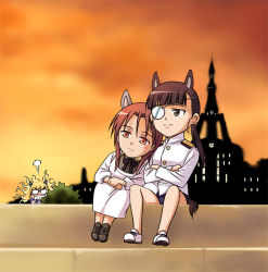 Rule 34 | 3girls, agahari, angry, apron, chibi, crossed arms, handrest, hiding, jealous, minna-dietlinde wilcke, multiple girls, perrine h. clostermann, sakamoto mio, sitting, smile, strike witches, world witches series