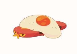 Rule 34 | commentary request, creatures (company), egg (food), food, fried egg, game freak, gen 8 pokemon, looking at viewer, nintendo, no humans, pokemon, pokemon (creature), red eyes, shuu (ssyuu721), simple background, sizzlipede, solo, sunny side up egg, white background