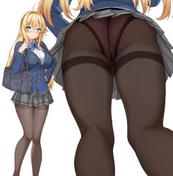 Rule 34 | 1girl, absurdres, alternate costume, amagi (amagi626), ass, bag, black hairband, blazer, blonde hair, blue jacket, blush, bow, bowtie, breasts, carrying over shoulder, collared shirt, commentary request, from behind, from below, green eyes, hair between eyes, hairband, hand on own hip, hand up, highres, jacket, large breasts, legs, long hair, long sleeves, looking at viewer, miniskirt, multiple views, panties, panties under pantyhose, pantyhose, pleated skirt, pout, school bag, school uniform, shirt, skirt, solo, striped bow, striped bowtie, striped clothes, thighs, tsurumaki maki, underwear, very long hair, voiceroid, white shirt