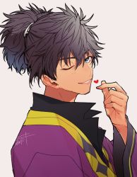 Rule 34 | 1boy, black hair, blue eyes, coat, collared coat, facial hair, finger heart, heart, kurosu masashi, long hair, looking at viewer, male focus, one eye closed, ponytail, purple coat, raven (tales), signature, smile, solo, stubble, tales of (series), tales of vesperia, tan, white background