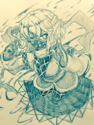 Rule 34 | 1girl, arm warmers, commentary request, constricted pupils, cowboy shot, efukei, glowing, glowing eye, hair between eyes, hands up, looking at viewer, mask, mizuhashi parsee, monochrome, mouth mask, one-hour drawing challenge, pointy ears, scarf, short hair, short sleeves, skirt, solo, touhou, traditional media