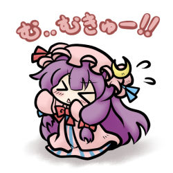 Rule 34 | &gt; &lt;, 1girl, blush, bow, bowtie, chibi, closed eyes, crescent, dress, female focus, hat, long hair, mob cap, mukyuu, patchouli knowledge, purple hair, red bow, red bowtie, revision, simple background, solo, striped clothes, striped dress, touhou, triangle mouth, v-shaped eyebrows, vertical-striped clothes, vertical-striped dress, white background, yanagi (nurikoboshi)
