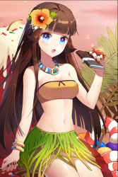 Rule 34 | 1girl, bandeau, bangle, bare shoulders, blue eyes, blunt bangs, bracelet, breasts, brown hair, candy, candy cane, chocolate, chocolate bar, cleavage, collarbone, cygnus (sword girls), eating, flower, food, gilse, grass skirt, hair flower, hair ornament, holding, icing, jelly bean, jewelry, long hair, midriff, nail polish, navel, necklace, open mouth, shiny skin, sitting, small breasts, solo, strapless, sword girls, tube top