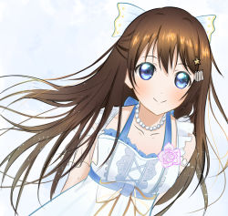 Rule 34 | 1girl, absurdres, anata no risou no heroine, aqua bow, aqua eyes, arm garter, arm ribbon, arms behind back, artist name, artist request, bare shoulders, blue bow, blue eyes, blush, bow, bracelet, breasts, brown hair, cleavage, collarbone, cross-laced clothes, cross-laced dress, dress, dress bow, drop earrings, earrings, female focus, flower, frilled dress, frills, hair between eyes, hair bow, hair ornament, hairclip, half updo, halter dress, halterneck, highres, jewelry, long hair, looking at viewer, love live!, love live! nijigasaki high school idol club, love live! school idol festival, miniskirt, necklace, osaka shizuku, parted lips, pearl bracelet, pearl hair ornament, pearl necklace, pink flower, pink rose, plaid, plaid dress, plaid skirt, pleated, pleated dress, pleated skirt, ponytail, purple flower, purple rose, ribbon, rose, short sleeves, skirt, small breasts, smile, solo, star (symbol), star hair ornament, striped clothes, striped dress, striped skirt, vertical-striped clothes, vertical-striped dress, vertical-striped skirt, white bow, white dress, white ribbon, white skirt, wrist ribbon