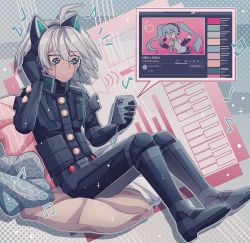 Rule 34 | 1boy, ahoge, animal ears, armor, cat ears, cellphone, cheer (cheerpuppy14), commentary, danganronpa (series), danganronpa v3: killing harmony, english commentary, from side, green background, grey eyes, hair between eyes, hatsune miku, headphones, highres, holding, k1-b0, long sleeves, male focus, medium hair, musical note, notice lines, phone, pillow, pink background, power armor, sitting, smartphone, smile, solo, sparkle