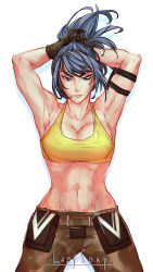 Rule 34 | 1girl, abs, armlet, armpits, arms up, blue eyes, blue hair, breasts, gloves, highres, large breasts, lazy soap, leona heidern, muscular, muscular female, navel, pocket, simple background, solo, tank top, the king of fighters, the king of fighters xiv, the king of fighters xv, v, white background, yellow tank top