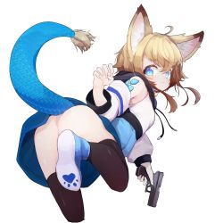 Rule 34 | 1girl, absurdres, animal ears, ass, bent over, black thighhighs, blonde hair, detached sleeves, female focus, fox ears, from behind, gun, handgun, highres, holding, holding gun, holding weapon, looking back, no panties, original, shoes, sidelocks, simple background, skirt, solo, tail, teranekosu, thighhighs, weapon, white background