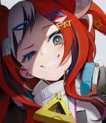 Rule 34 | 1girl, animal ears, black hair, blue eyes, grey background, grin, hair ornament, hairclip, hakos baelz, hakos baelz (casual), headphones, headphones around neck, hololive, hololive english, long hair, mouse ears, multicolored hair, official alternate costume, overlord (overlord80000), red hair, sharp teeth, signature, smile, streaked hair, teeth, virtual youtuber, white hair