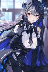 Rule 34 | 1girl, asymmetrical horns, bare shoulders, bird, black hair, blue hair, blush, breasts, closed mouth, colored inner hair, crow, demon horns, dress, fur trim, hair ornament, highres, holoadvent, hololive, hololive english, horns, lacia everlight, large breasts, long hair, long sleeves, looking at viewer, medium breasts, mole, mole under eye, multicolored hair, nerissa ravencroft, nerissa ravencroft (1st costume), red eyes, shadow (nerissa ravencroft), smile, solo, two-tone hair, uneven horns, virtual youtuber
