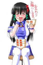 Rule 34 | 1girl, :d, ^ ^, black hair, blue skirt, blush, bow, bowl, breasts, character name, closed eyes, detached sleeves, food, food on face, foodgasm, hair between eyes, hair ornament, hair ribbon, hand on own face, happy, holding, large breasts, long hair, oekaki, open mouth, os-tan, pleated skirt, ribbon, see-through, shirt, sidelocks, simple background, sitting, skirt, smile, solo, stool, taut clothes, taut shirt, thighhighs, tress ribbon, very long hair, white thighhighs, wing collar, xp-tan