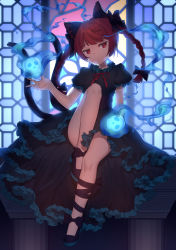 Rule 34 | 1boy, absurdres, animal ears, bare legs, black bow, black dress, black footwear, blue fire, bow, braid, cat ears, cat girl, cat tail, chi yei, closed mouth, commentary request, dress, expressionless, fire, floating skull, frilled dress, frilled sleeves, frills, full body, head tilt, high heels, highres, kaenbyou rin, knee up, long hair, looking at viewer, male focus, multiple tails, neck ribbon, red eyes, red hair, red ribbon, ribbon, sitting, skull, solo, stained glass, tail, touhou, twin braids, two tails