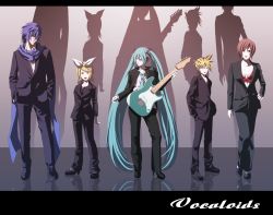 Rule 34 | 2boys, 3girls, aqua hair, black neckwear, black suit, blue neckwear, electric guitar, everyone, fender stratocaster, formal, ghost in the shell, ghost in the shell lineup, ghost in the shell stand alone complex, guitar, hatsune miku, instrument, kagamine len, kagamine rin, kaito (vocaloid), letterboxed, lineup, meiko (vocaloid), multiple boys, multiple girls, necktie, pant suit, pants, parody, shirt, suit, tsukumo (soar99), twintails, vocaloid, white shirt