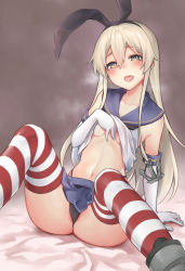 Rule 34 | 1girl, anchor hair ornament, black hairband, black neckerchief, black panties, blonde hair, blue skirt, breasts, crop top, crop top lift, elbow gloves, gloves, grey eyes, hair ornament, hairband, highleg, highleg panties, highres, kamidanomi, kantai collection, lifted by self, long hair, microskirt, navel, neckerchief, panties, pleated skirt, school uniform, serafuku, shimakaze (kancolle), skirt, small breasts, solo, steaming body, striped clothes, striped thighhighs, thighhighs, underwear, white gloves