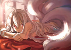 Rule 34 | 1girl, ahoge, ara haan, ara han, colored eyelashes, elsword, facial mark, fox tail, highres, long hair, multiple tails, nude, red eyes, solo, tail, toyo (s9654431), white hair