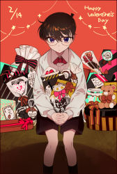 Rule 34 | 1boy, :o, black-framed eyewear, black shorts, black socks, blue eyes, blush, bow, bowtie, box, brown hair, candy, child, chocolate, chocolate heart, collared shirt, commentary request, dated, edogawa conan, english text, feet out of frame, flower, food, gift, gift bag, gift box, glasses, hair between eyes, happy valentine, heart, kanamura ren, long sleeves, looking at viewer, male focus, meitantei conan, own hands clasped, own hands together, red background, red bow, red bowtie, red flower, red rose, rose, shirt, short hair, shorts, sitting, socks, solo, star (symbol), stuffed animal, stuffed toy, sweatdrop, teddy bear, translation request, valentine, white shirt