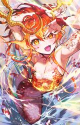 Rule 34 | 1girl, absurdres, animal, antlers, arm tattoo, arms up, blue background, breasts, cleavage, dragon girl, fangs, fingernails, fins, fire, fish, floating hair, full body, head fins, highres, horns, jumping, koi, long hair, looking at viewer, medium breasts, mermaid, monster girl, multicolored background, nemoto yuuma, open mouth, orange eyes, orange hair, orange scales, original, red nails, scales, sharp fingernails, sidelocks, slit pupils, solo, tattoo, transformation, water