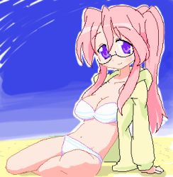 Rule 34 | 00s, 1girl, arm support, beach, bikini, blush, breasts, cleavage, cloud, collarbone, glasses, hood, hoodie, large breasts, long hair, long sleeves, looking at viewer, lowres, lucky star, open clothes, open hoodie, pink hair, purple eyes, sand, sitting, sky, smile, striped bikini, striped clothes, swimsuit, takara miyuki, twintails, white bikini, yellow hoodie