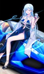 Rule 34 | 1girl, ak-12 (girls&#039; frontline), ak-12 (quiet azure) (girls&#039; frontline), blue car, blue dress, blue hair, breasts, car, cleavage, closed eyes, cup, dress, drinking glass, foot out of frame, girls&#039; frontline, halter dress, halterneck, high heels, holding, holding cup, legs, medium breasts, motor vehicle, official alternate costume, samsam s2s, sitting on car, sleeveless, sleeveless dress, smile, solo, wine glass