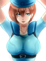 Rule 34 | 1girl, beret, blue eyes, breasts, brown hair, capcom, hat, jill valentine, looking at viewer, medium breasts, nagare, resident evil, short hair, simple background, solo, white background