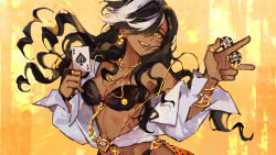Rule 34 | 1girl, :d, ace (playing card), ace of spades, bare shoulders, bikini, black bikini, black hair, bracelet, breasts, card, centurion (reverse:1999), cleavage, commabear, curly hair, dark-skinned female, dark skin, earrings, floating hair, gold necklace, hair over one eye, hands up, highres, holding, holding card, jewelry, looking at viewer, medium breasts, multicolored hair, necklace, off shoulder, one eye covered, open clothes, open mouth, open shirt, playing card, poker chip, reverse:1999, ring, shirt, smile, solo, spade (shape), strapless, strapless bikini, streaked hair, swept bangs, swimsuit, teeth, upper body, upper teeth only, white hair, white shirt, yellow background, yellow eyes