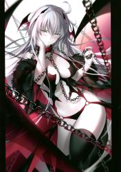 Rule 34 | 1girl, absurdres, ahoge, alternate costume, bat wings, black thighhighs, blush, breasts, cape, chain, cleavage, demon girl, fate/apocrypha, fate/grand order, fate (series), floating hair, fur-trimmed cape, fur trim, groin, hair between eyes, hair ornament, hand on own cheek, hand on own face, head wings, highres, holding, holding chain, jeanne d&#039;arc (fate), jeanne d&#039;arc alter (avenger) (fate), jeanne d&#039;arc alter (fate), kousaki rui, large breasts, leg up, long hair, looking at viewer, navel, o-ring, off shoulder, pale skin, scan, sidelocks, signature, silver hair, smile, solo, stomach, thighhighs, thighs, tsurime, wings, yellow eyes