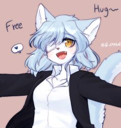 Rule 34 | 1girl, :d, animal ears, brown eyes, cat ears, cat girl, cat tail, collared shirt, eyepatch, female focus, free hugs, furry, furry female, looking at viewer, open mouth, original, outstretched arms, ressue (gomgom), shirt, smile, solo, spread arms, tail, twitter username, upper body, white shirt