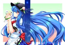 Rule 34 | 1girl, blue hair, blush, female focus, flower, gradient background, hat, hinanawi tenshi, iseno yajin, lily (flower), long hair, own hands clasped, own hands together, profile, red eyes, smile, solo, standing, touhou, very long hair