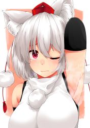 Rule 34 | 1girl, absurdres, animal ears, armpits, arms behind back, bad id, bad pixiv id, bare shoulders, breasts, detached sleeves, hat, highres, huge filesize, inubashiri momiji, large breasts, one eye closed, pom pom (clothes), red eyes, shirokaba114, shirt, short hair, silver hair, sleeveless, sleeveless shirt, solo, tokin hat, touhou, turtleneck, upper body, wavy mouth, white shirt, wolf ears