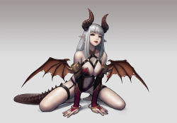 Rule 34 | 1girl, absurdres, arm support, bare shoulders, barefoot, black eyes, blunt bangs, breasts, bridal gauntlets, center opening, demon girl, full body, gradient background, halterneck, highres, jungon kim, kneeling, large breasts, leaning forward, licking lips, long hair, looking at viewer, navel, o-ring, open mouth, original, pointy ears, shadow, silver hair, solo, spread legs, tail, teeth, thigh strap, tongue, tongue out, upper teeth only, wings