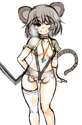 1girl adapted_costume animal_ears breasts capelet cleavage collar dowsing_rod female_focus grey_hair jewelry looking_at_viewer mabuchoco_m mouse_ears mouse_tail nazrin one_eye_closed pendant red_eyes revealing_clothes short_hair simple_background single_thighhigh slingshot_swimsuit solo swimsuit tail thighhighs touhou white_background white_thighhighs wink