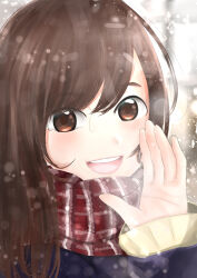 Rule 34 | 1girl, :d, absurdres, blue jacket, blurry, blurry background, brown hair, commentary request, day, highres, jacket, kyabetsu ningen, lips, long hair, long sleeves, looking at viewer, mole, open mouth, original, outdoors, pink lips, portrait, red scarf, scarf, sleeves past wrists, smile, solo, striped clothes, striped scarf, sweater, teeth, upper teeth only, winter clothes, yellow sweater
