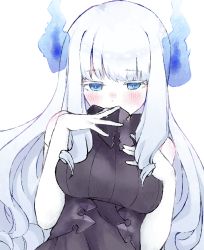 Rule 34 | 1girl, blue eyes, blue fire, blunt bangs, blush, breasts, elbow gloves, energy horns, fire, fire, gloves, hand on own chest, highres, indie virtual youtuber, large breasts, leaning to the side, lobsteranian, long hair, silver hair, solo, virtual youtuber, white background, white gloves, yukimaru kyuu