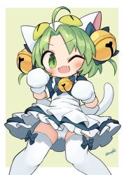 Rule 34 | 1girl, :3, animal hands, animal hat, apron, artist name, bell, blue dress, blush, border, cat hat, commentary request, dejiko, di gi charat, dress, fang, frilled apron, frilled dress, frills, gloves, green background, green eyes, green hair, hair bell, hair ornament, hat, highres, jingle bell, looking at viewer, maid, maid apron, nanatsuta, neck bell, one eye closed, open mouth, outside border, panties, pantyshot, paw gloves, puffy short sleeves, puffy sleeves, short hair, short sleeves, signature, skin fang, solo, thighhighs, underwear, white apron, white border, white panties, white thighhighs