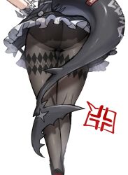 Rule 34 | 1girl, anger vein, argyle, argyle clothes, argyle legwear, ass, black dress, black pantyhose, commentary request, dress, ellen joe, fins, fish tail, frilled dress, frills, from behind, highres, horn/wood, lower body, pantyhose, simple background, solo, spoken anger vein, standing, tail, white background, zenless zone zero