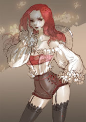 Rule 34 | 1girl, bare shoulders, dywx poison, female focus, genderswap, genderswap (mtf), hat, lipstick, long hair, makeup, one piece, red hair, scar, shanks (one piece), shorts, solo, straw hat, thighhighs