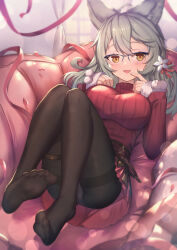 Rule 34 | 1girl, :d, animal ears, black pantyhose, blue-framed eyewear, blush, breasts, brown eyes, commentary request, couch, curtains, fur-trimmed sleeves, fur trim, glasses, granblue fantasy, grey hair, hair between eyes, hands up, highres, indoors, large breasts, long sleeves, looking at viewer, lying, no shoes, on back, on couch, open mouth, over-rim eyewear, panties, panties under pantyhose, pantyhose, petals, pleated skirt, red skirt, red sweater, ribbed sweater, semi-rimless eyewear, sen (granblue fantasy), skirt, sleeves past wrists, smile, soles, solo, streamers, sweater, thighband pantyhose, underwear, uneg, white panties, window