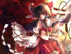 Rule 34 | 1girl, bow, breasts, brown hair, detached sleeves, female focus, gohei, hair bow, hakurei reimu, japanese clothes, long hair, miko, nature, navel, ofuda, outdoors, plant, red eyes, ribbon, skirt, sky, solo, torii, touhou, wallpaper, xephonia