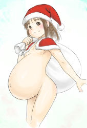Rule 34 | 1girl, bottomless, breasts, brown eyes, brown hair, christmas, hat, navel, pregnant, sack, santa costume, santa hat, short hair, simple background, small breasts, smile, solo, standing, xiin