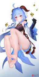 Rule 34 | 1girl, absurdres, ahoge, artist name, autumn leaves, bare shoulders, barefoot, bell, black gloves, blue hair, blush, breasts, chinese knot, detached sleeves, feet, flower knot, full body, ganyu (genshin impact), genshin impact, gloves, gold trim, highres, horns, long hair, looking at viewer, medium breasts, neck bell, purple eyes, sidelocks, solo, tassel, thighs, toes, vision (genshin impact), waist cape, white sleeves, wide sleeves, xingren bu hao eat